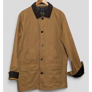 Lands End Chore Jacket Field Barn Coat Corduroy Trim Plaid Lined Tan Men Sz L T